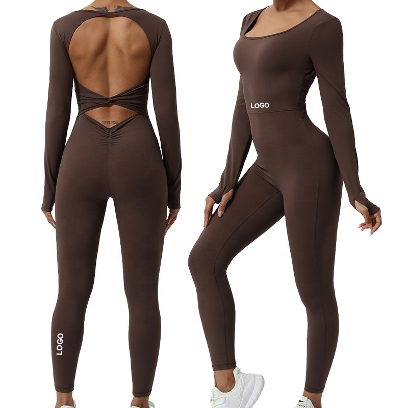2407 Women's Yoga Rompers One Piece Quick Dry Long Sleeves Jumpsuit Sexy Hollow Back Dancing Activewear Casual Bodysuit 