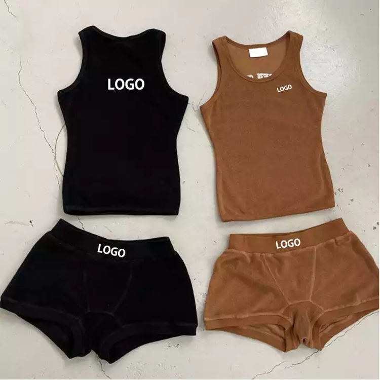 Hot Selling Custom Logo Toweling Vest Short Set Sportswear Gym Fitness Set Two Piece Set Women Clothing 